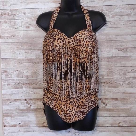 2 PC Leopard Print Fringe High Waist Bikini Set 14 - Picture 5 of 11